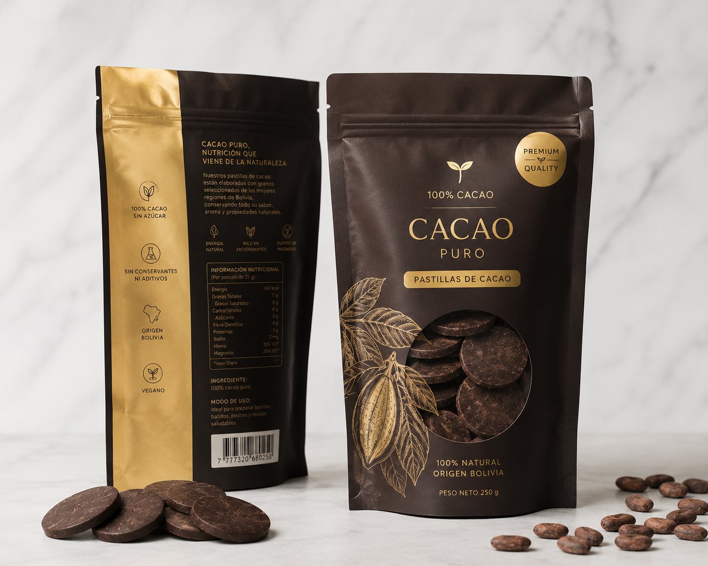 Empaque de Chocolate Beniano, bolsa de 250 g
