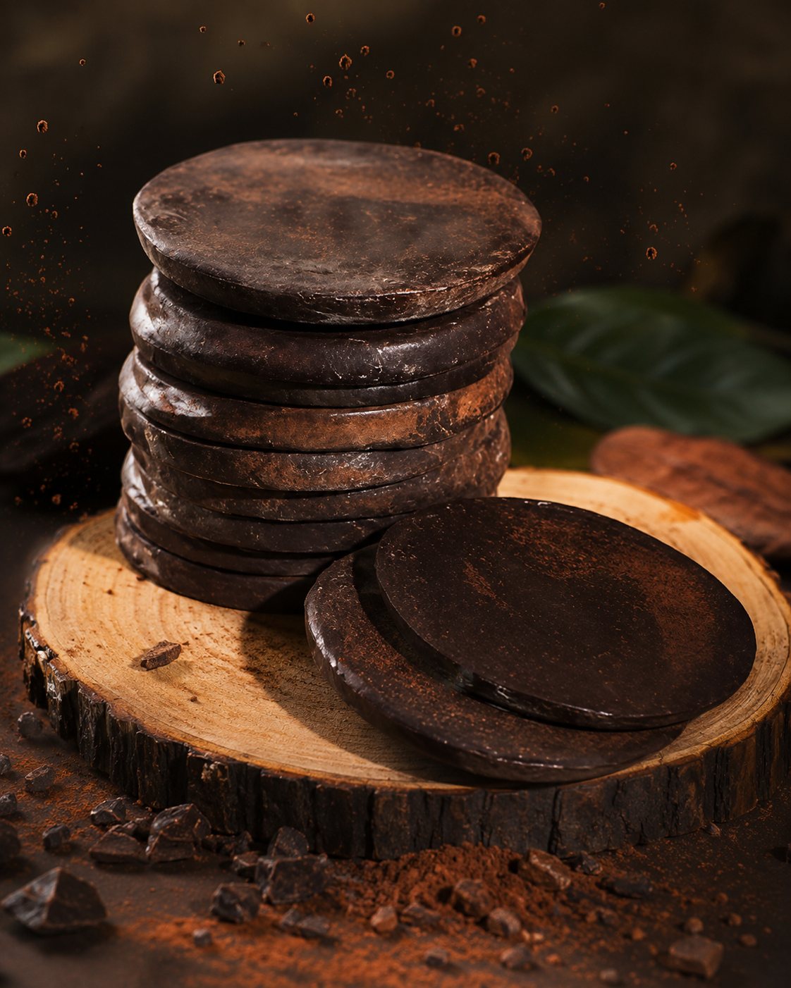 Discos de Chocolate Beniano apilados sobre madera
